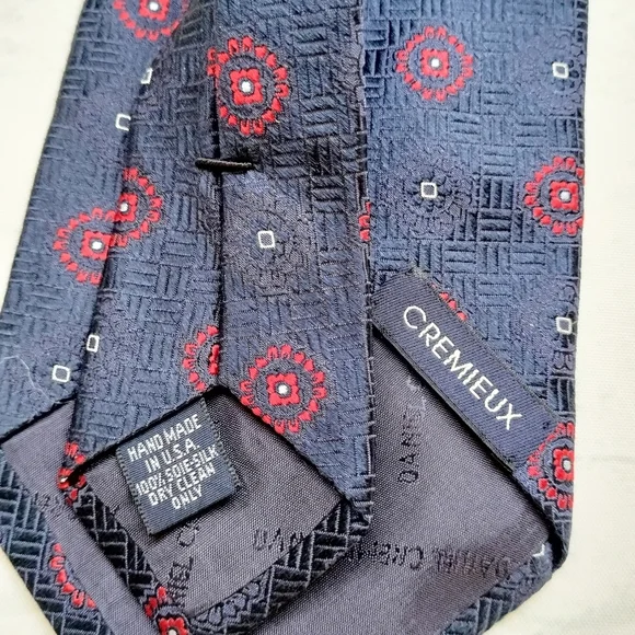 Cremieux Silk Necktie Tie Blue Red Geometric Pattern Handmade in USA Textured - Picture 4 of 7